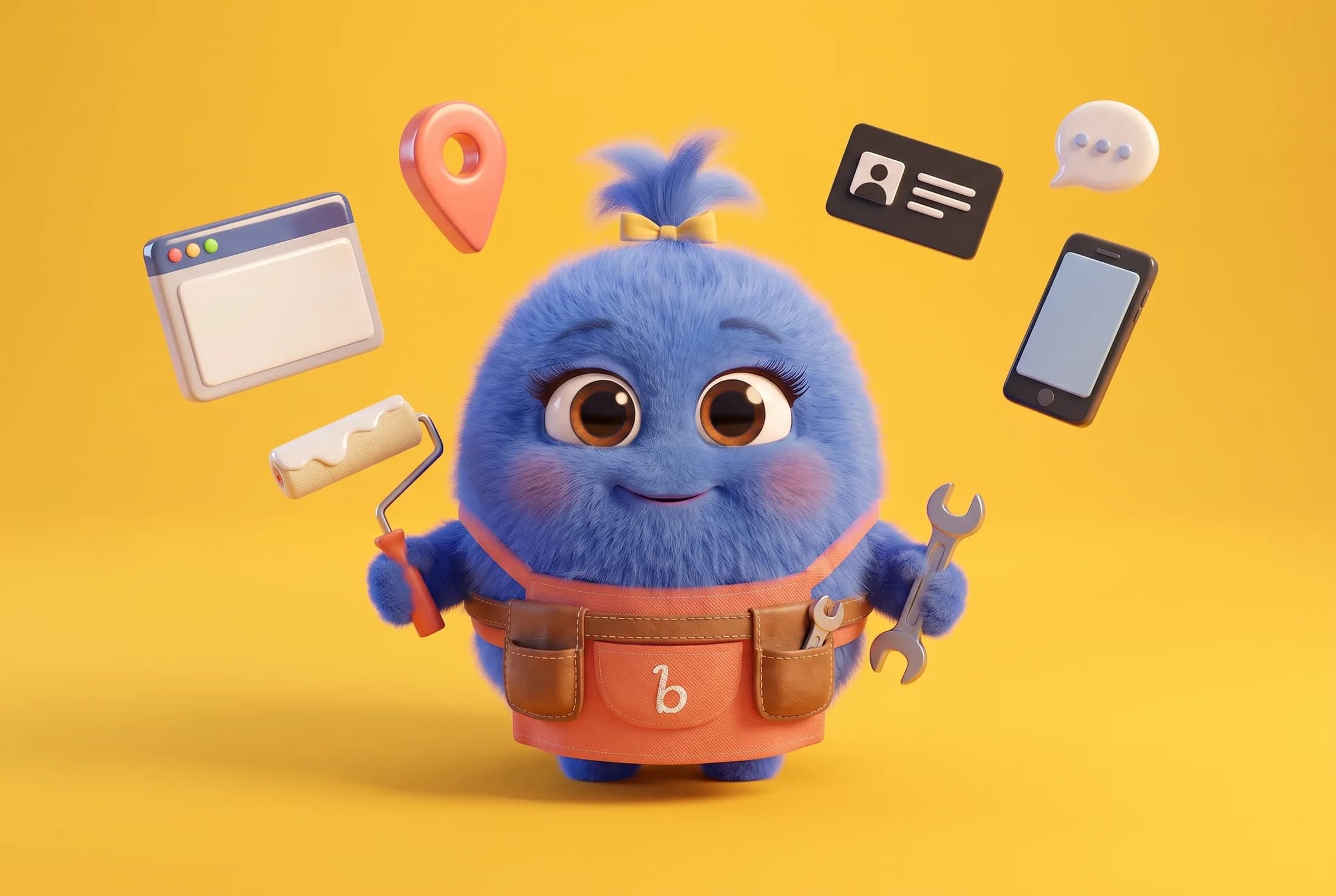 Bess with a tool belt, surrounded by a website window, map pin, business card and phone