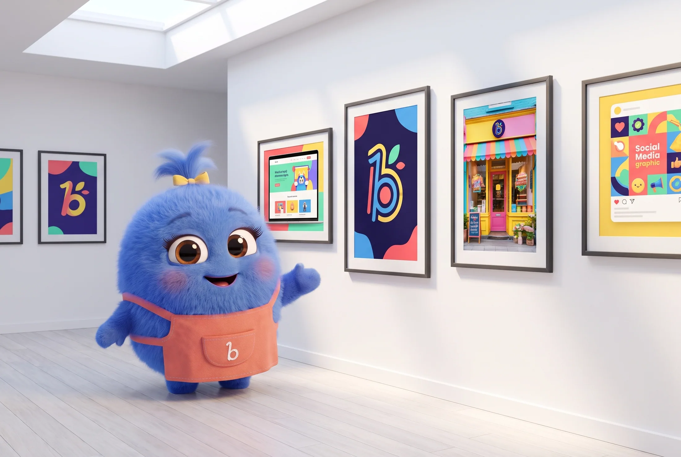 Bess in a gallery, presenting framed brand work