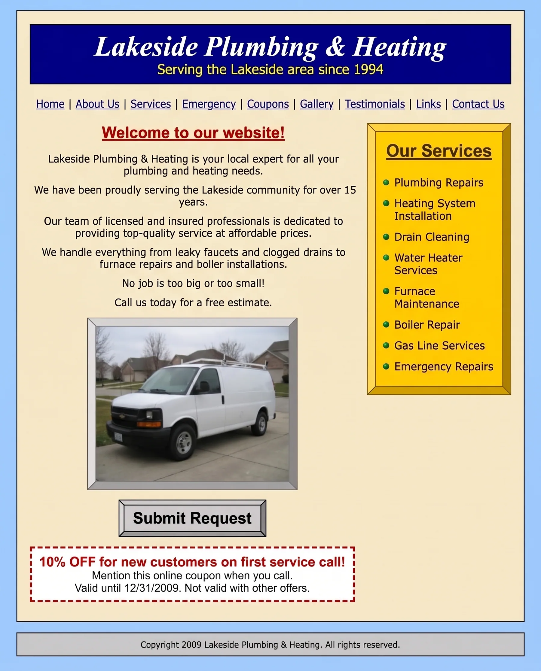 The old Lakeside Plumbing & Heating website: dated, cluttered and hard to read