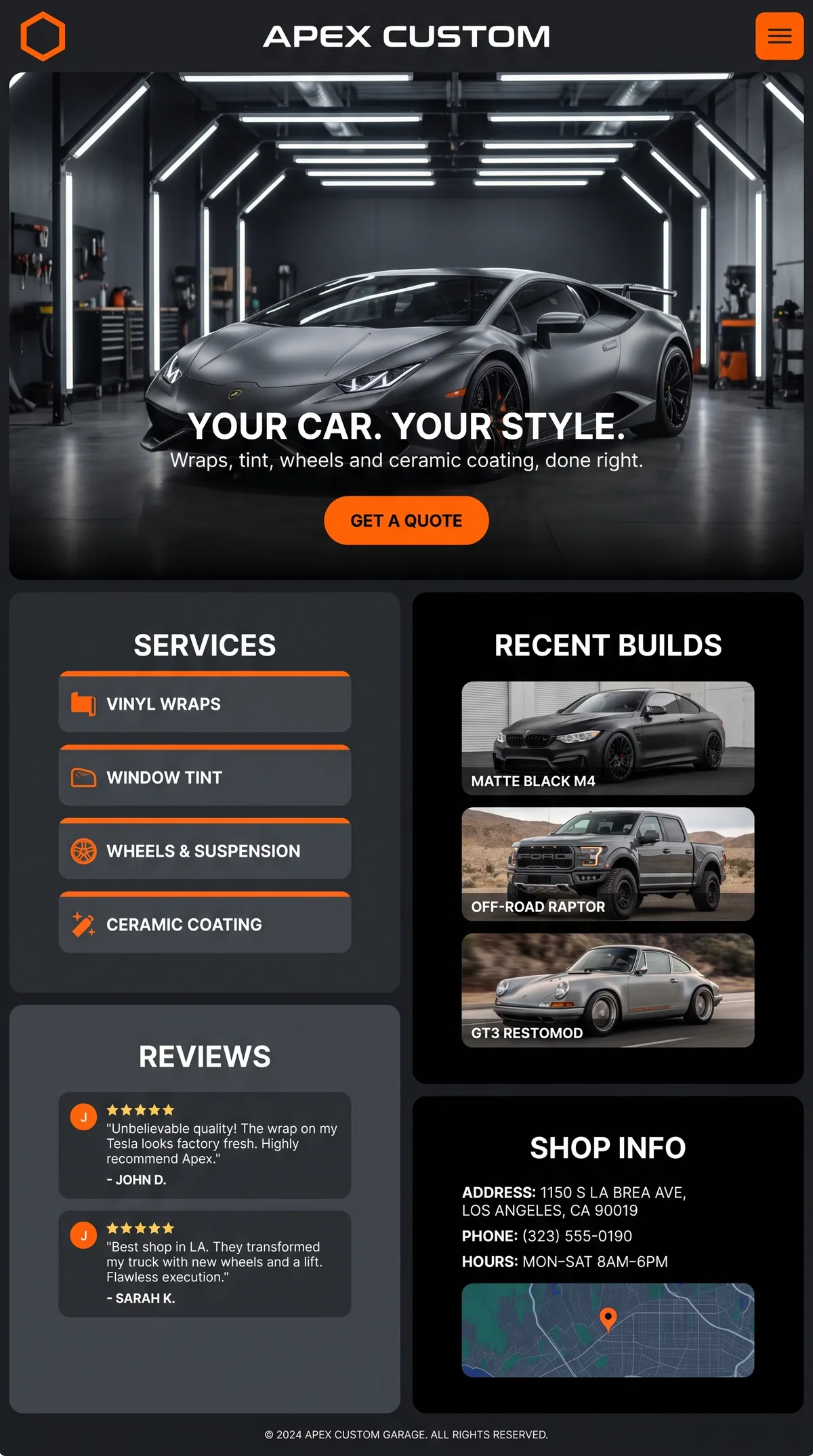 Apex Custom Garage mobile website: Your car. Your style.