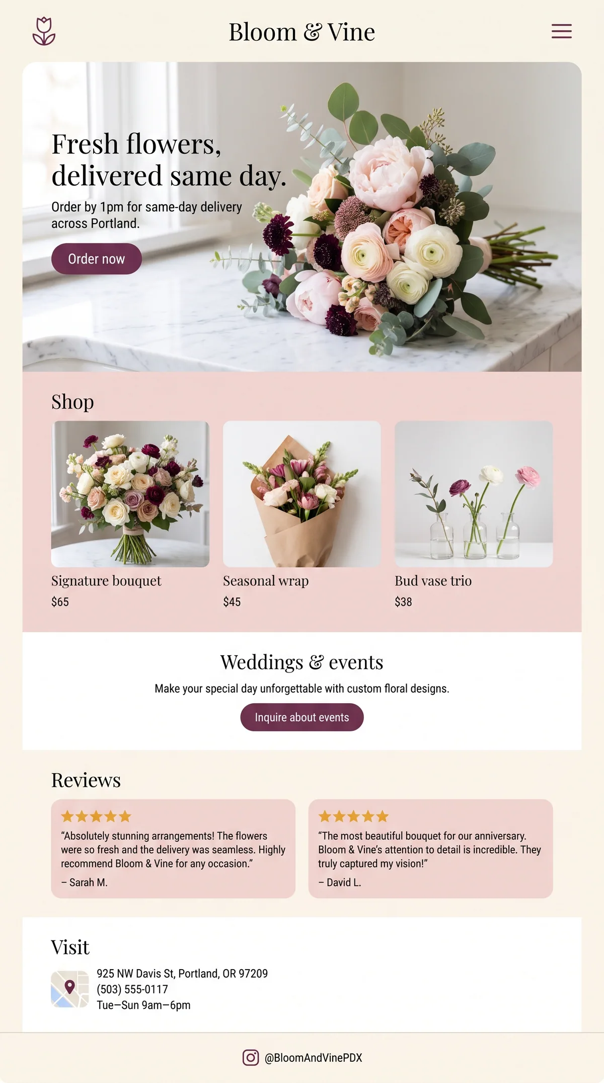 Bloom & Vine Florist mobile website: Fresh flowers, delivered same day.