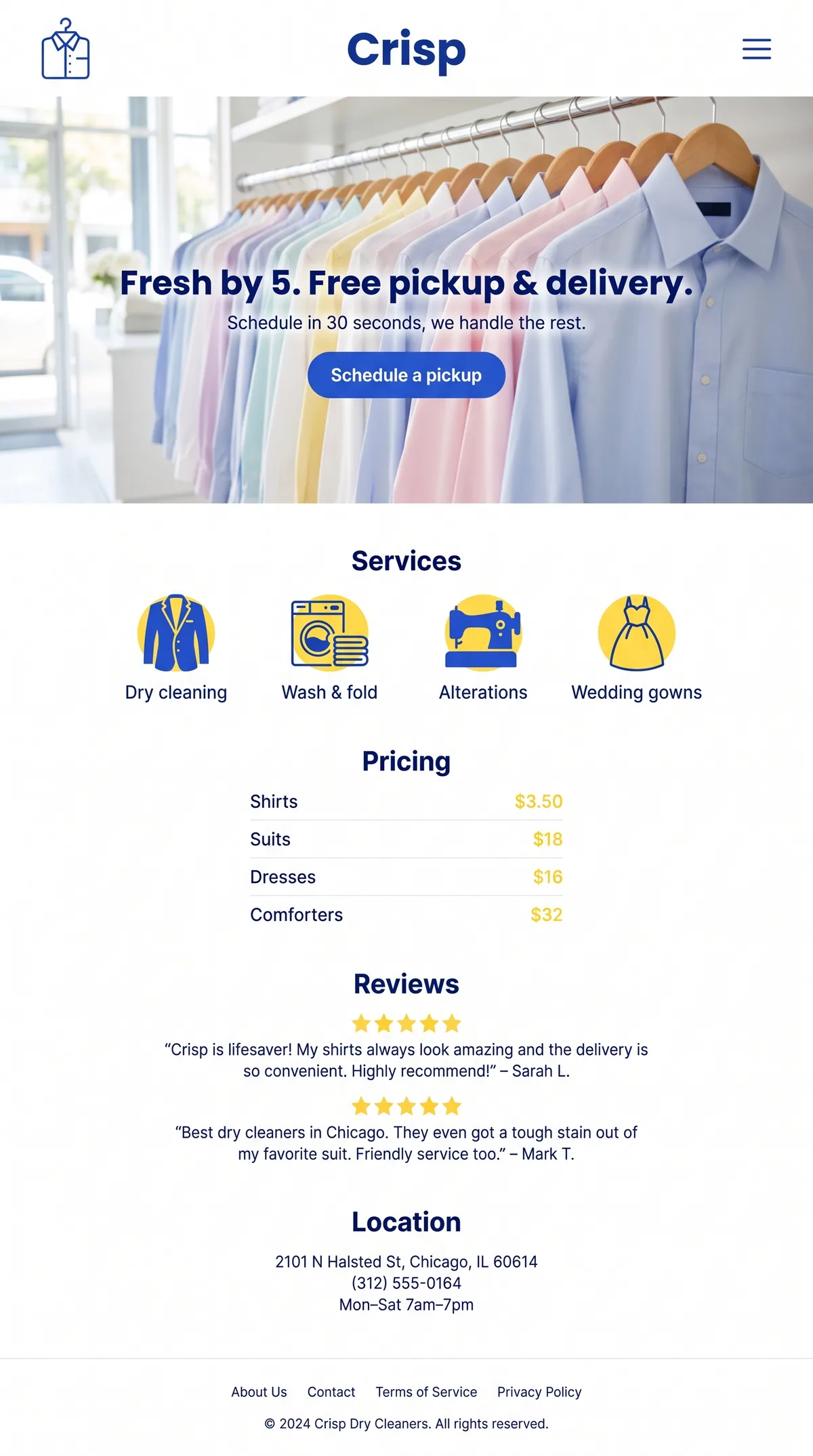 Crisp Dry Cleaners mobile website: Fresh by 5. Free pickup & delivery.