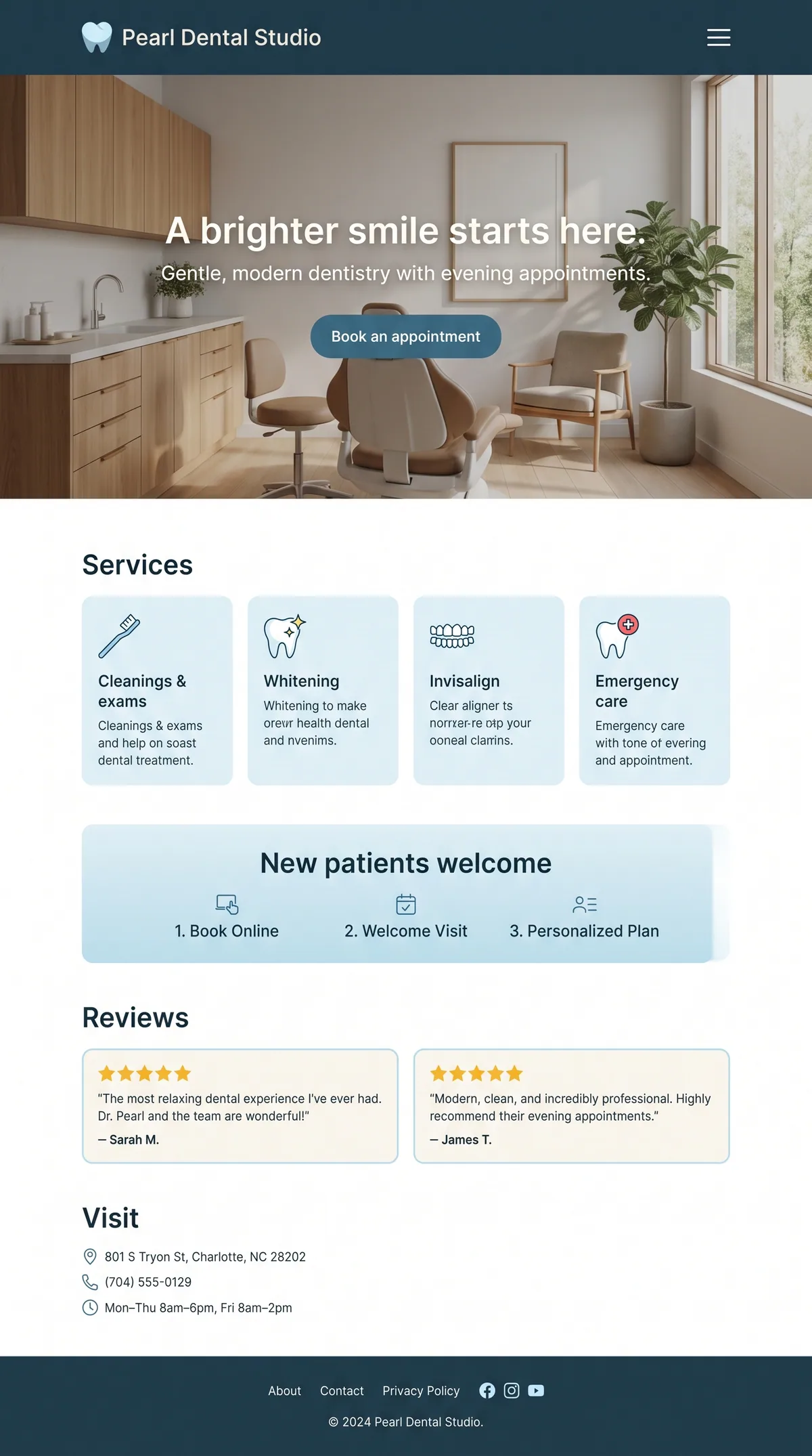 Pearl Dental Studio mobile website: A brighter smile starts here.