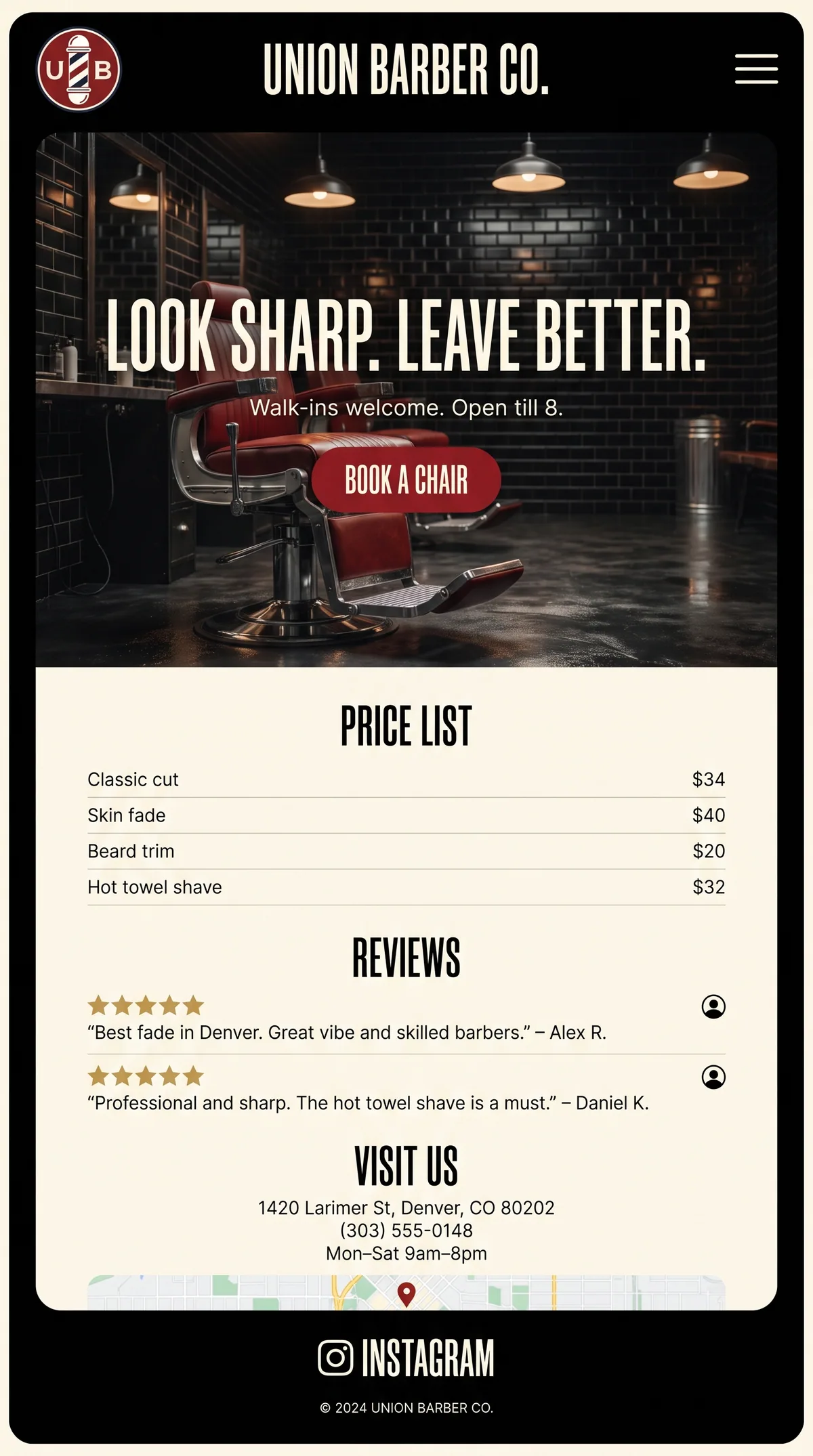 Union Barber Co. mobile website: Look sharp. Leave better.